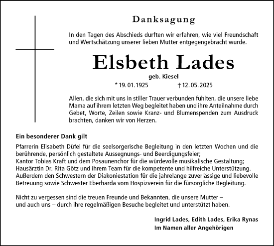 Traueranzeige von Elsbeth Lades von Roth-Hilpoltsteiner Volkszeitung Lokal