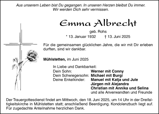 Traueranzeige von Emma Albrecht von Roth-Hilpoltsteiner Volkszeitung Lokal