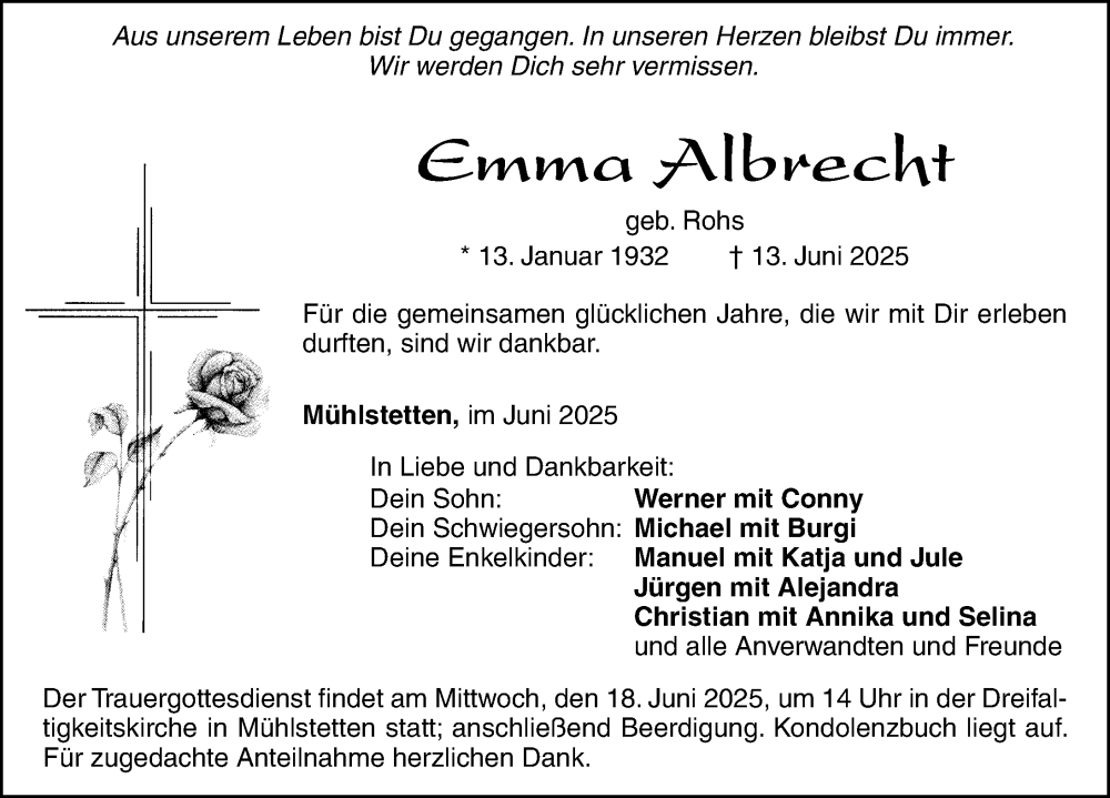  Traueranzeige für Emma Albrecht vom 17.06.2025 aus Roth-Hilpoltsteiner Volkszeitung Lokal