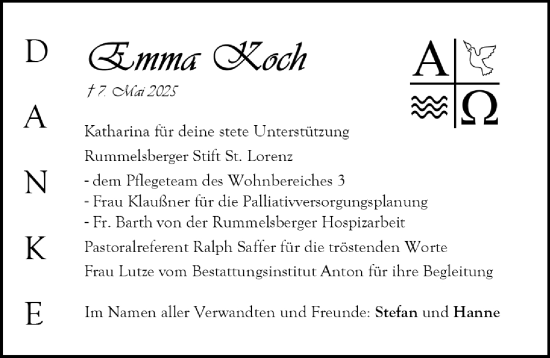 Traueranzeige von Emma Koch von Gesamtausgabe Nürnberger Nachrichten/ Nürnberger Ztg.