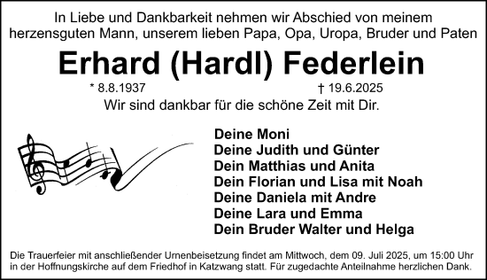 Traueranzeige von Erhard Federlein von Schwabacher Tagblatt Lokal