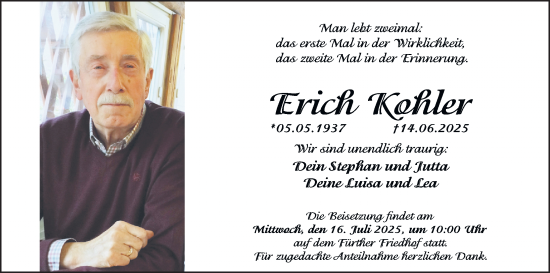 Traueranzeige von Erich Kohler von Fürther Nachrichten Lokal