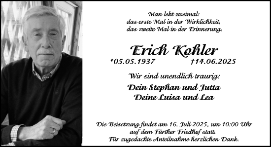Traueranzeige von Erich Kohler von Gesamtausgabe Nürnberger Nachrichten/ Nürnberger Ztg.