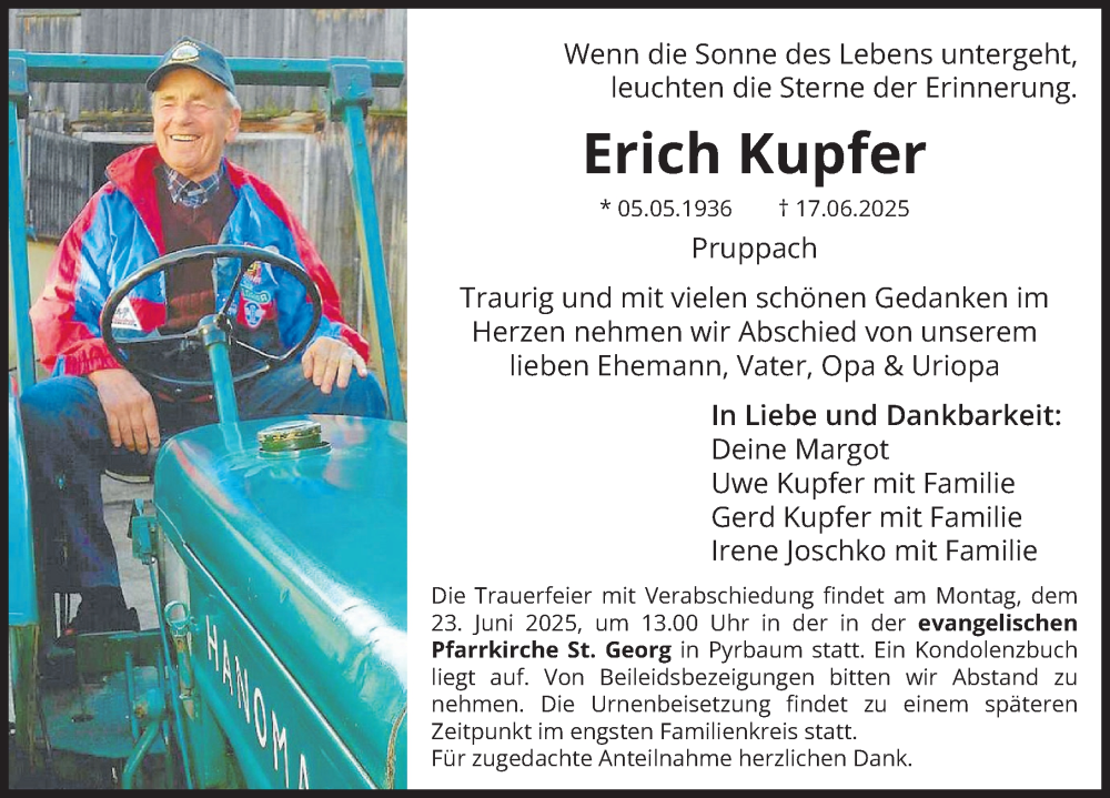  Traueranzeige für Erich Kupfer vom 20.06.2025 aus Neumarkter Nachrichten Lokal