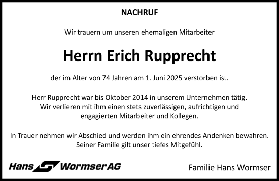 Traueranzeige von Erich Rupprecht von Nordbayerische Nachrichten Herzogenaurach Lokal