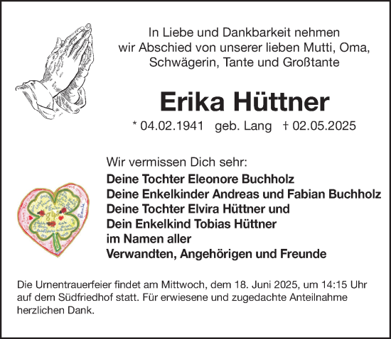 Traueranzeige von Erika Hüttner von Gesamtausgabe Nürnberger Nachrichten/ Nürnberger Ztg.