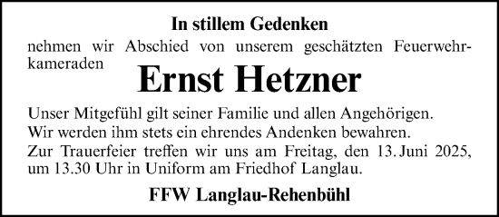 Traueranzeige von Ernst Hetzner von Altmühl-Bote Lokal