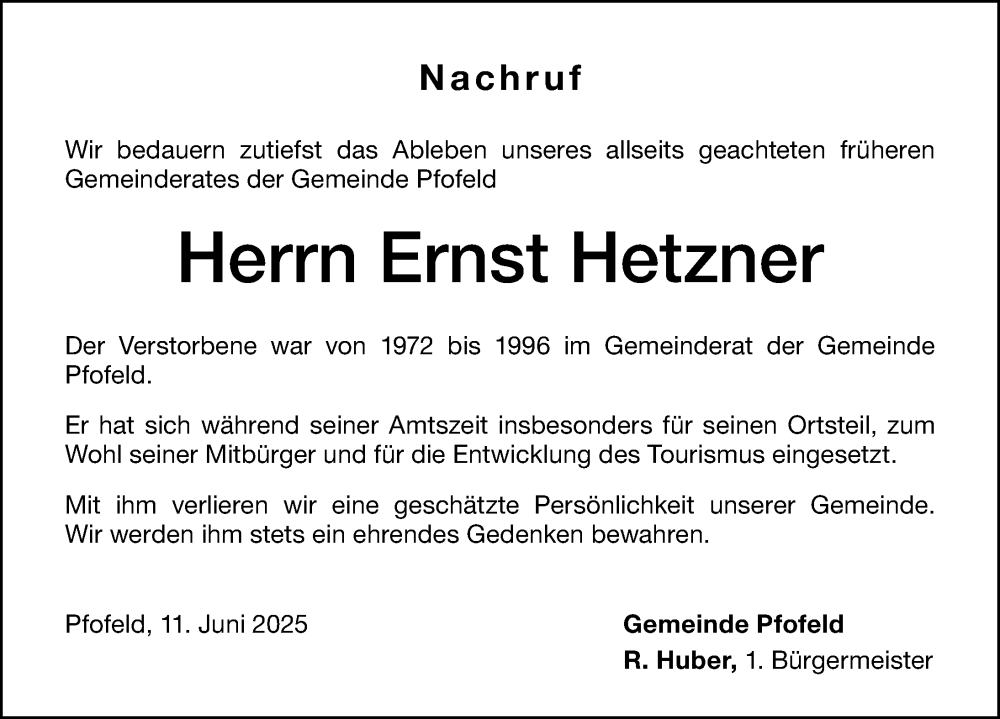  Traueranzeige für Ernst Hetzner vom 12.06.2025 aus Altmühl-Bote Lokal