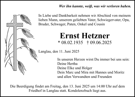 Traueranzeige von Ernst Hetzner von Altmühl-Bote Lokal