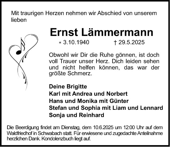 Traueranzeige von Ernst Lämmermann von Schwabacher Tagblatt Lokal