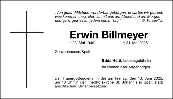 Traueranzeige von Erwin Billmeyer von Altmühl-Bote Lokal/ Roth-Hilpoltsteiner Volkszeitung