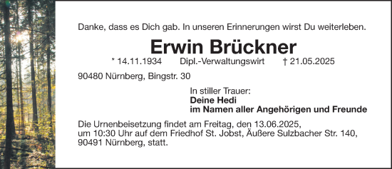 Traueranzeige von Erwin Brückner von Gesamtausgabe Nürnberger Nachrichten/ Nürnberger Ztg.