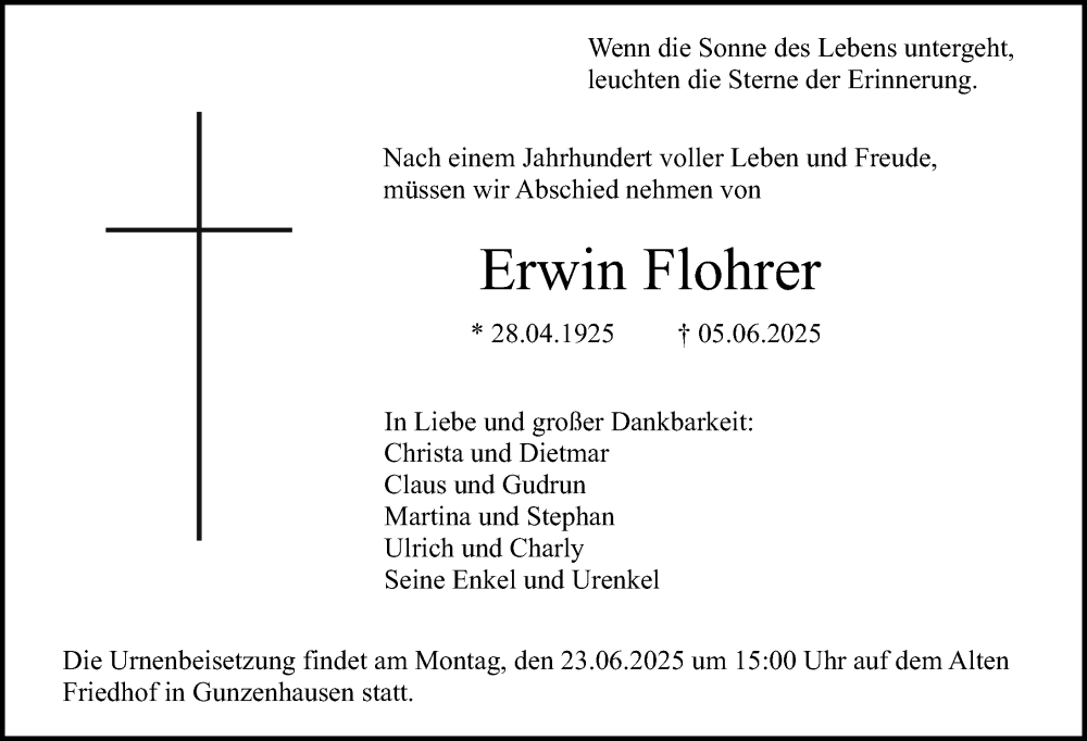  Traueranzeige für Erwin Flohrer vom 18.06.2025 aus Gesamtausgabe Nürnberger Nachrichten/ Nürnberger Ztg.