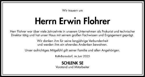 Traueranzeige von Erwin Flohrer von Roth-Hilpoltsteiner Volkszeitung Lokal