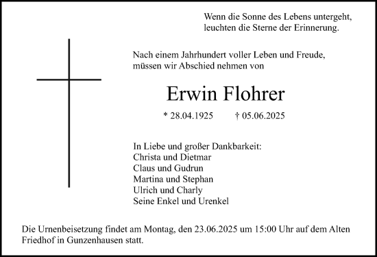 Traueranzeige von Erwin Flohrer von Gesamtausgabe Nürnberger Nachrichten/ Nürnberger Ztg.