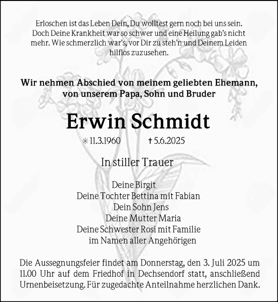 Traueranzeige von Erwin Schmidt von Erlanger Nachrichten Lokal