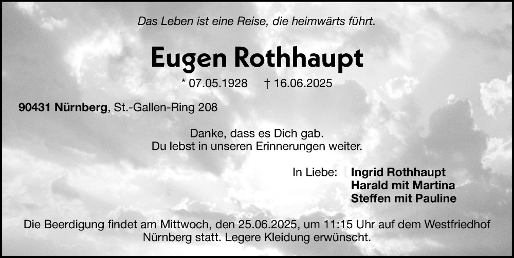  Traueranzeige für Eugen Rothhaupt vom 24.06.2025 aus Gesamtausgabe Nürnberger Nachrichten/ Nürnberger Ztg.