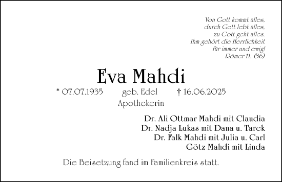 Traueranzeige von Eva Mahdi von Gesamtausgabe Nürnberger Nachrichten/ Nürnberger Ztg.