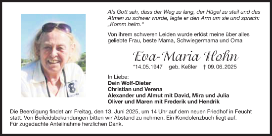 Traueranzeige von Eva-Maria Hohn von Gesamtausgabe Nürnberger Nachrichten/ Nürnberger Ztg.