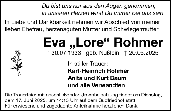 Traueranzeige von Eva Rohmer von Gesamtausgabe Nürnberger Nachrichten/ Nürnberger Ztg.
