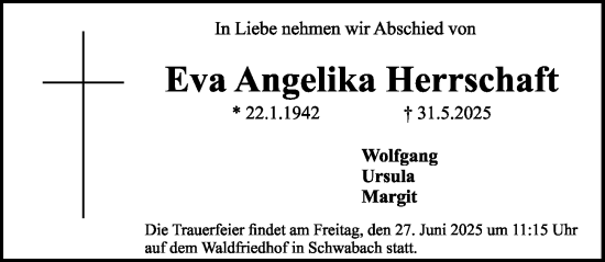 Traueranzeige von Eva Angelika Herrschaft von Gesamtausgabe Nürnberger Nachrichten/ Nürnberger Ztg.