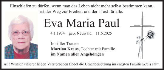 Traueranzeige von Eva Maria Paul von Erlanger Nachrichten Lokal