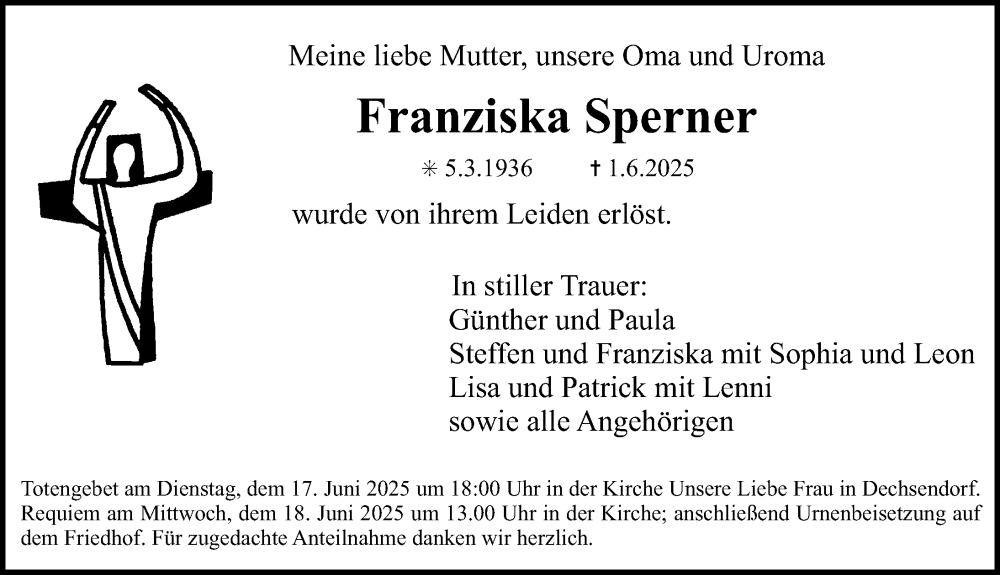  Traueranzeige für Franziska Sperner vom 14.06.2025 aus Erlanger Nachrichten Lokal