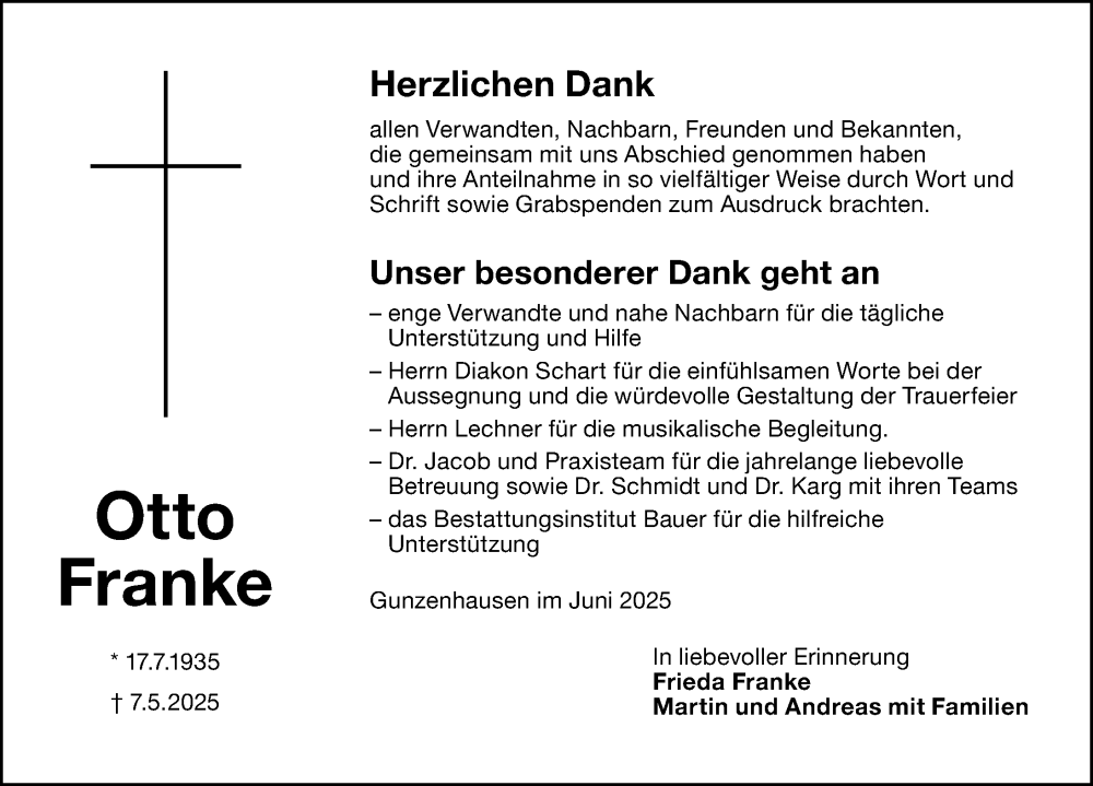  Traueranzeige für Otto Franke vom 14.06.2025 aus Altmühl-Bote Lokal