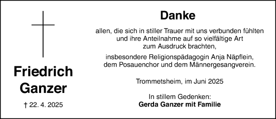 Traueranzeige von Friedrich Ganzer von Altmühl-Bote Lokal