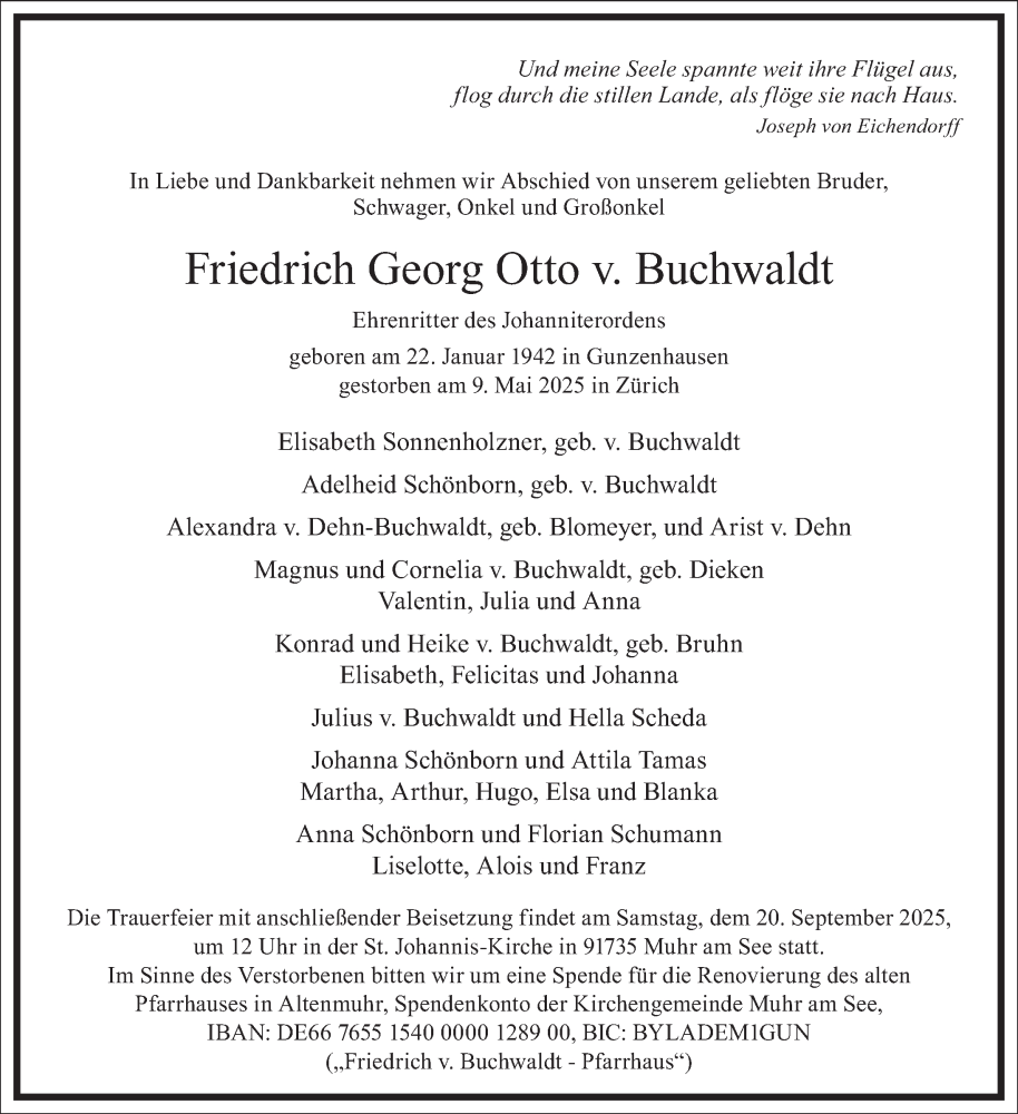  Traueranzeige für Friedrich Georg Otto von Buchwaldt vom 27.06.2025 aus Altmühl-Bote Lokal