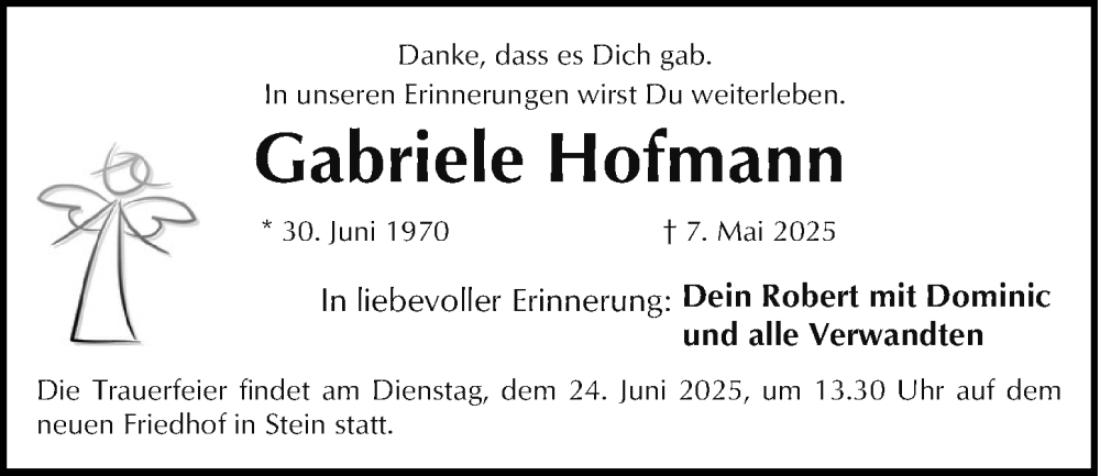  Traueranzeige für Gabriele Hofmann vom 21.06.2025 aus Fürther Nachrichten Lokal