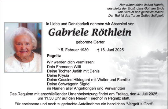 Traueranzeige von Gabriele Röthlein von Nordbayerische Nachrichten Pegnitz Lokal