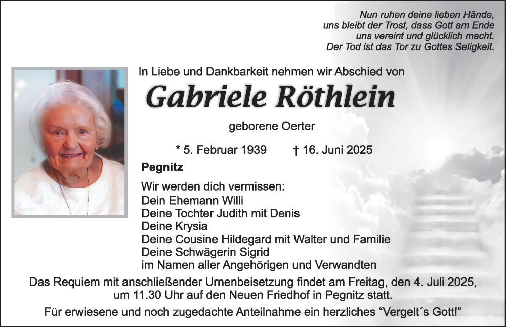  Traueranzeige für Gabriele Röthlein vom 01.07.2025 aus Nordbayerische Nachrichten Pegnitz Lokal