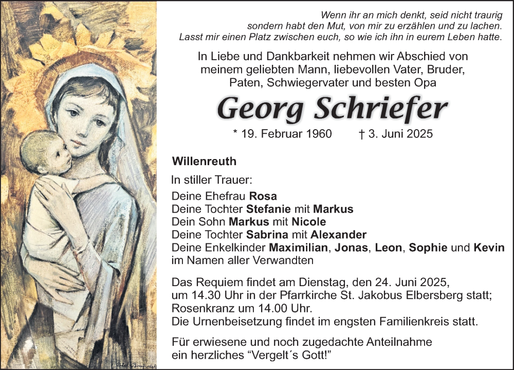  Traueranzeige für Georg Schriefer vom 21.06.2025 aus Nordbayerische Nachrichten Pegnitz Lokal