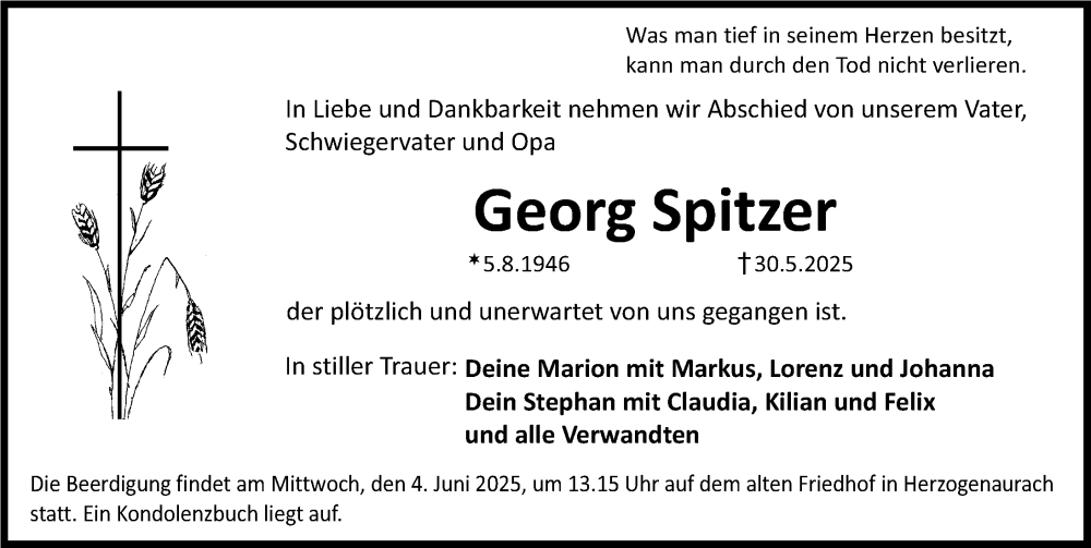  Traueranzeige für Georg Spitzer vom 02.06.2025 aus HHE,HFN