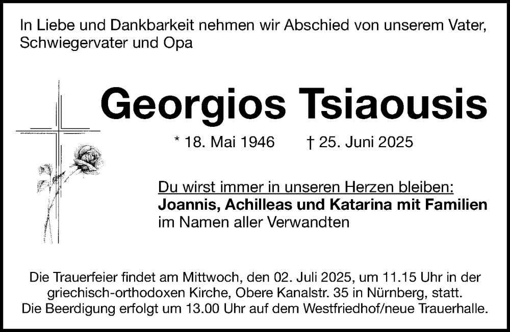  Traueranzeige für Georgios Tsiaousis vom 28.06.2025 aus Gesamtausgabe Nürnberger Nachrichten/ Nürnberger Ztg.