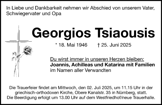 Traueranzeige von Georgios Tsiaousis von Gesamtausgabe Nürnberger Nachrichten/ Nürnberger Ztg.