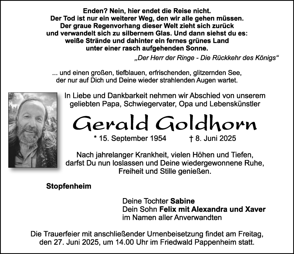  Traueranzeige für Gerald Goldhorn vom 14.06.2025 aus Altmühl-Bote Lokal