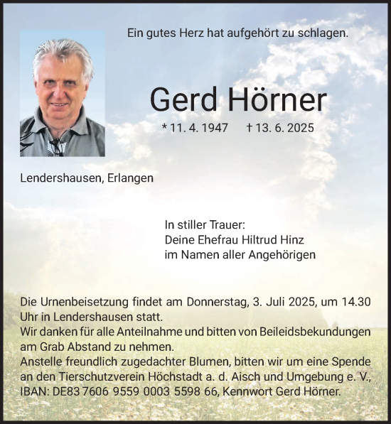 Traueranzeige von Gerd Hörner von Gesamtausgabe Nürnberger Nachrichten/ Nürnberger Ztg.