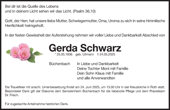 Traueranzeige von Gerda Schwarz von Roth-Hilpoltsteiner Volkszeitung Lokal