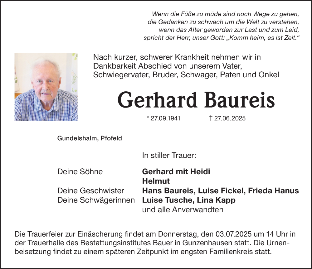  Traueranzeige für Gerhard Baureis vom 01.07.2025 aus Altmühl-Bote Lokal