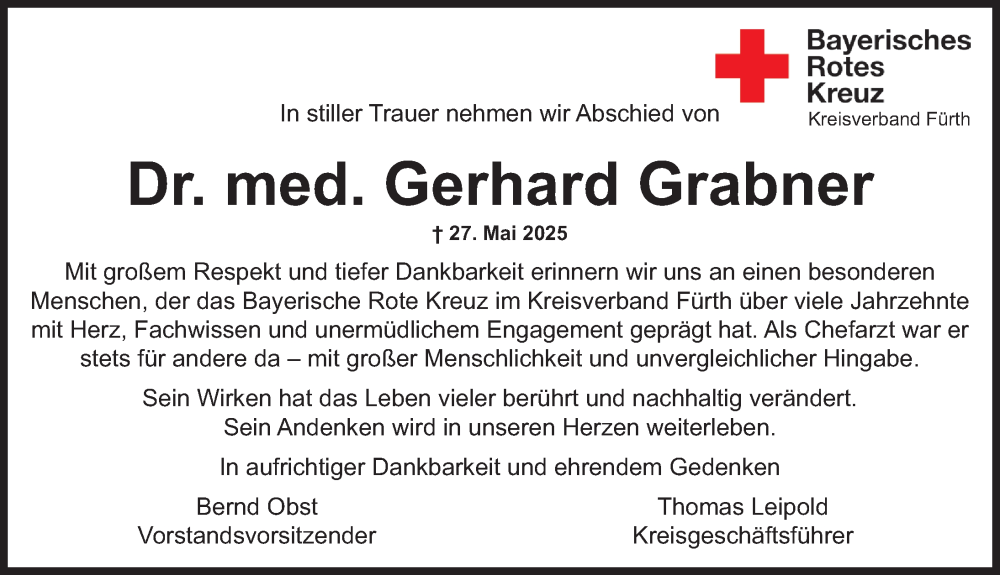  Traueranzeige für Gerhard Grabner vom 04.06.2025 aus Fürther Nachrichten Lokal