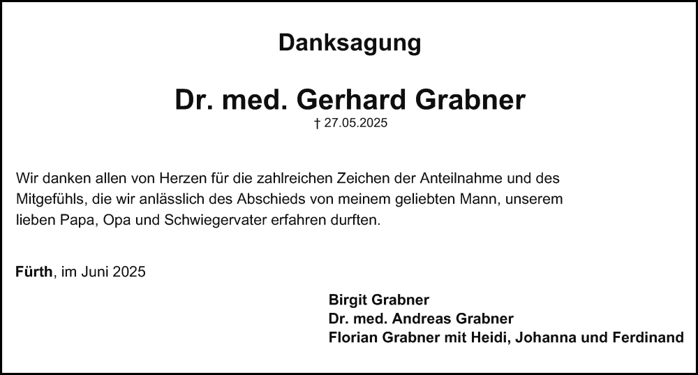  Traueranzeige für Gerhard Grabner vom 14.06.2025 aus Fürther Nachrichten Lokal