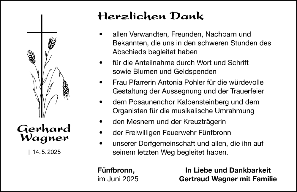  Traueranzeige für Gerhard Wagner vom 14.06.2025 aus Altmühl-Bote Lokal