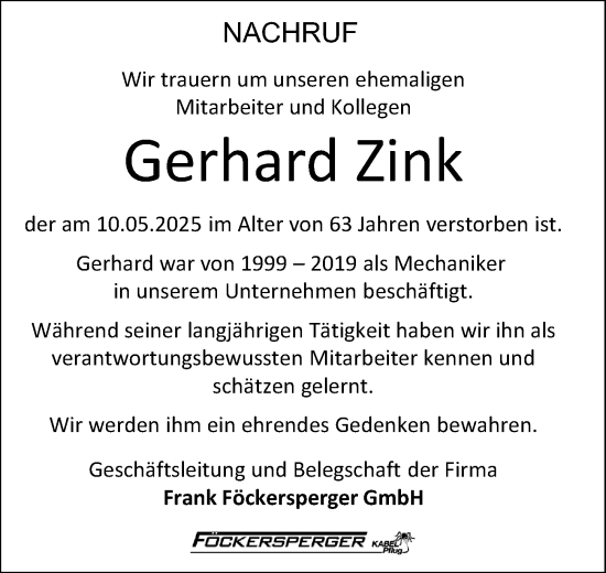 Traueranzeige von Gerhard Zink von Erlanger Nachrichten Lokal