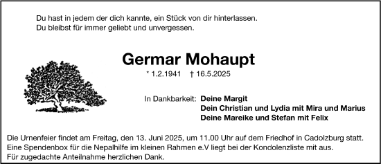 Traueranzeige von Germar Mohaupt von Gesamtausgabe Nürnberger Nachrichten/ Nürnberger Ztg./ Fürther Nachrichten
