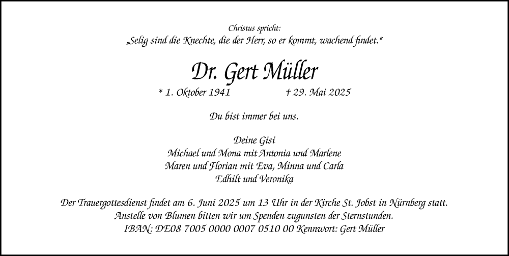  Traueranzeige für Gert Müller vom 04.06.2025 aus Gesamtausgabe Nürnberger Nachrichten/ Nürnberger Ztg.
