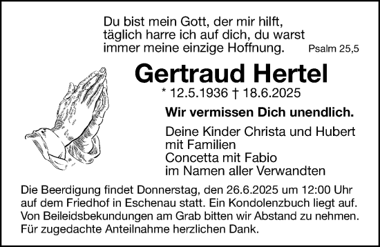 Traueranzeige von Gertraud Hertel von Gesamtausgabe Nürnberger Nachrichten/ Nürnberger Ztg.