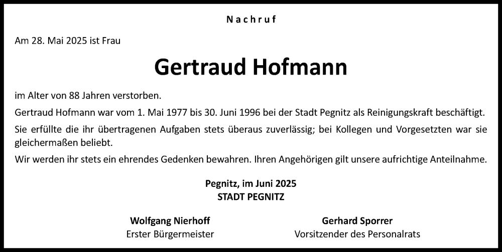  Traueranzeige für Gertraud Hofmann vom 04.06.2025 aus Nordbayerische Nachrichten Pegnitz Lokal