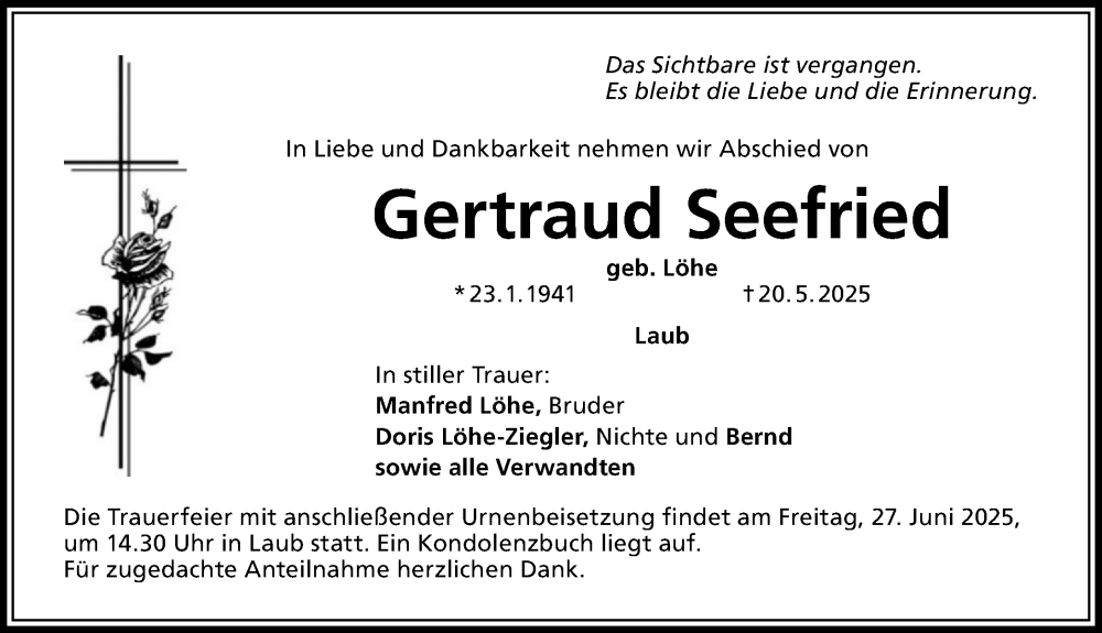  Traueranzeige für Gertraud Seefried vom 14.06.2025 aus Altmühl-Bote Lokal